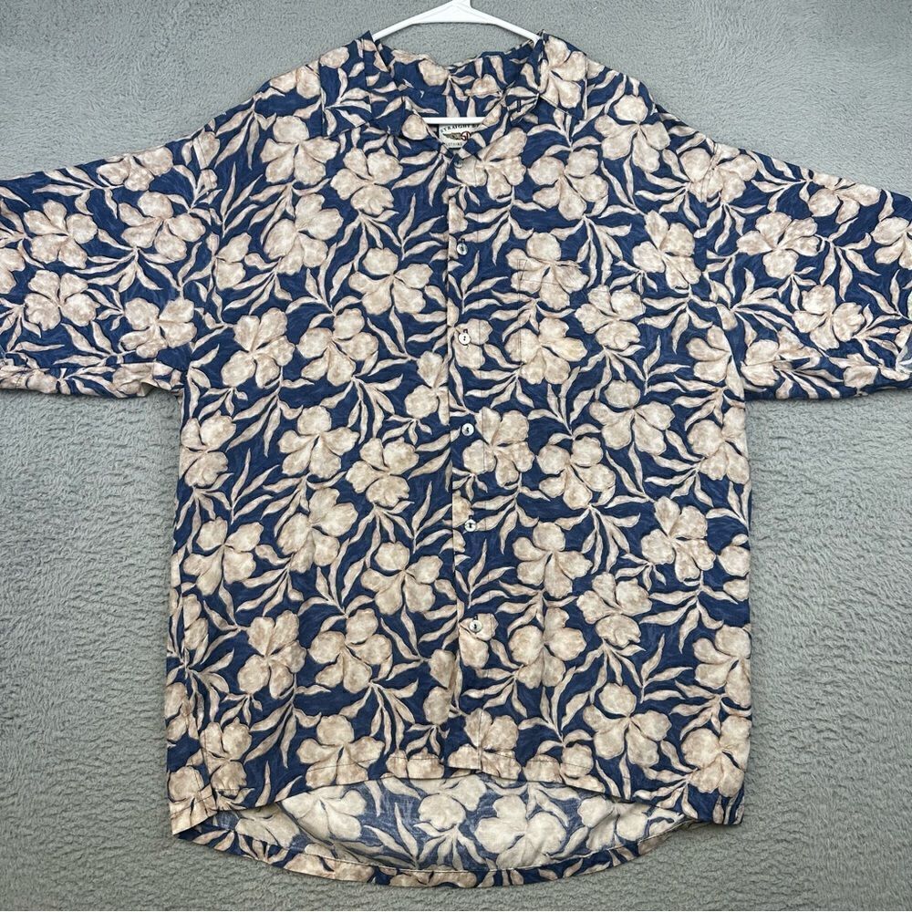 Straight Down Shirt Mens Large Blue Beige Hawaiian Floral Rayon Relaxed Golf USA